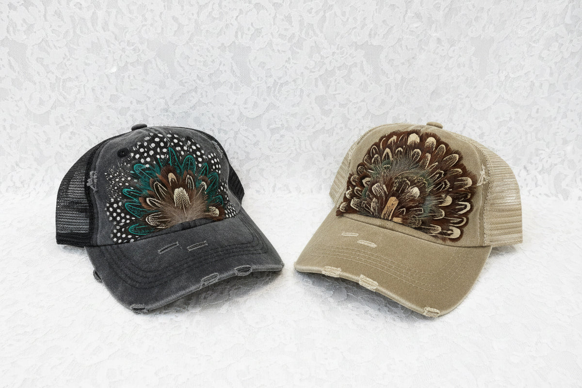 Baseball caps with feathers