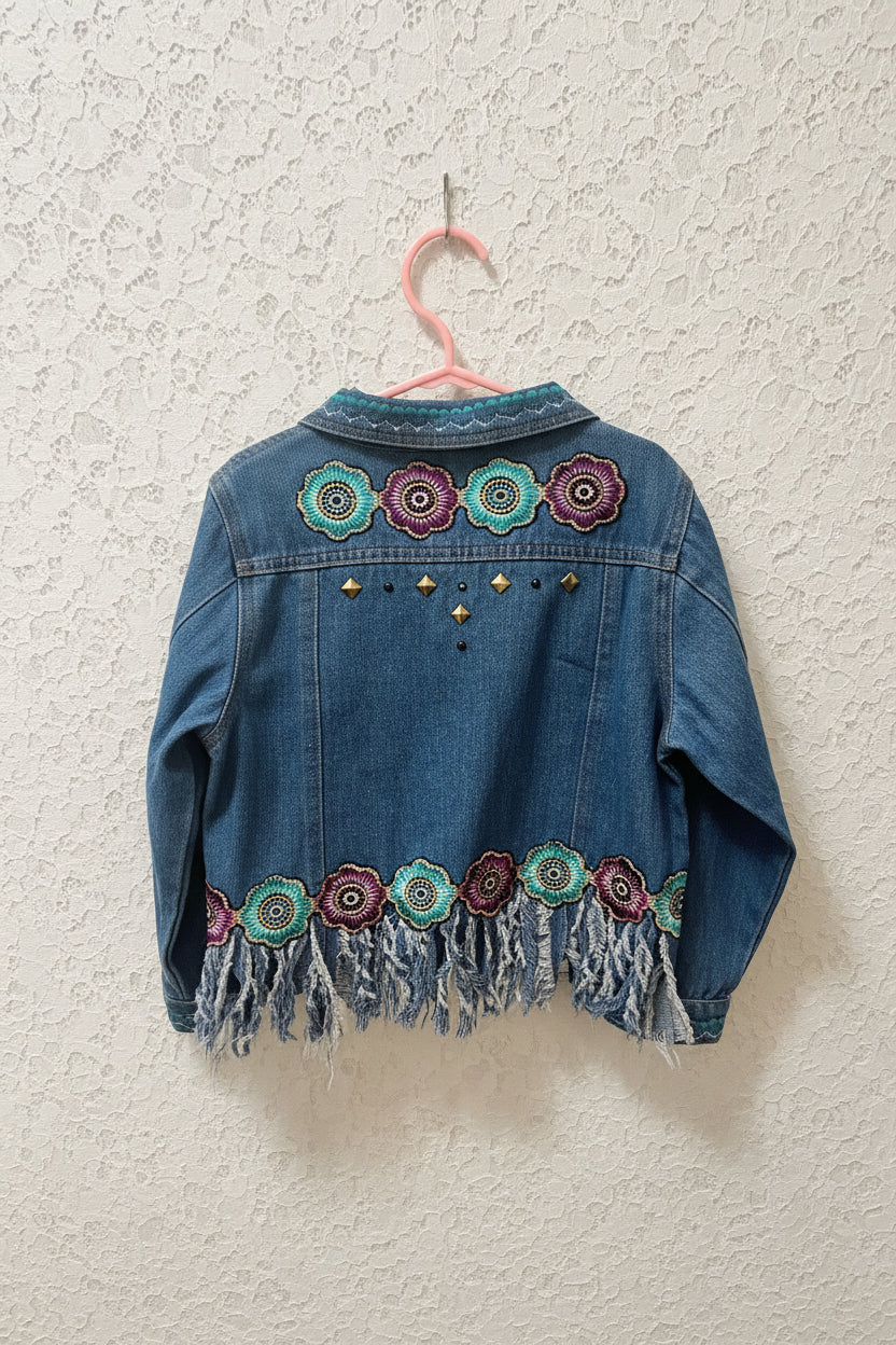 “Fringe” w studs, flowers size 5/6 Denim Jacket
