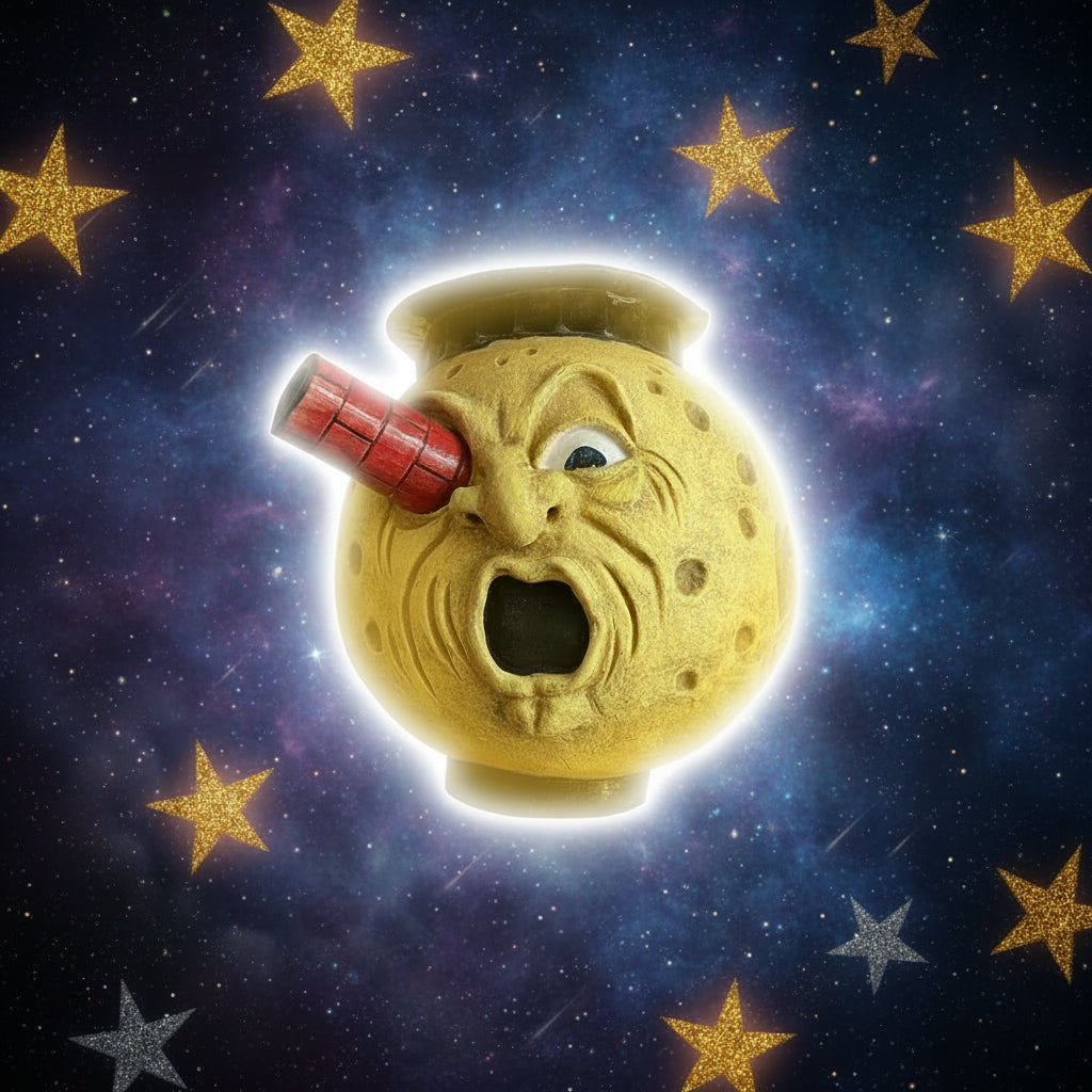 Statue of moon with rocket in its eye from iconic early movie "A Trip to the Moon" on a space background with stars around it.