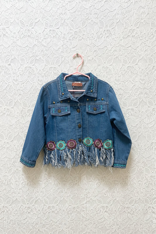 “Fringe” w studs, flowers size 5/6 Denim Jacket