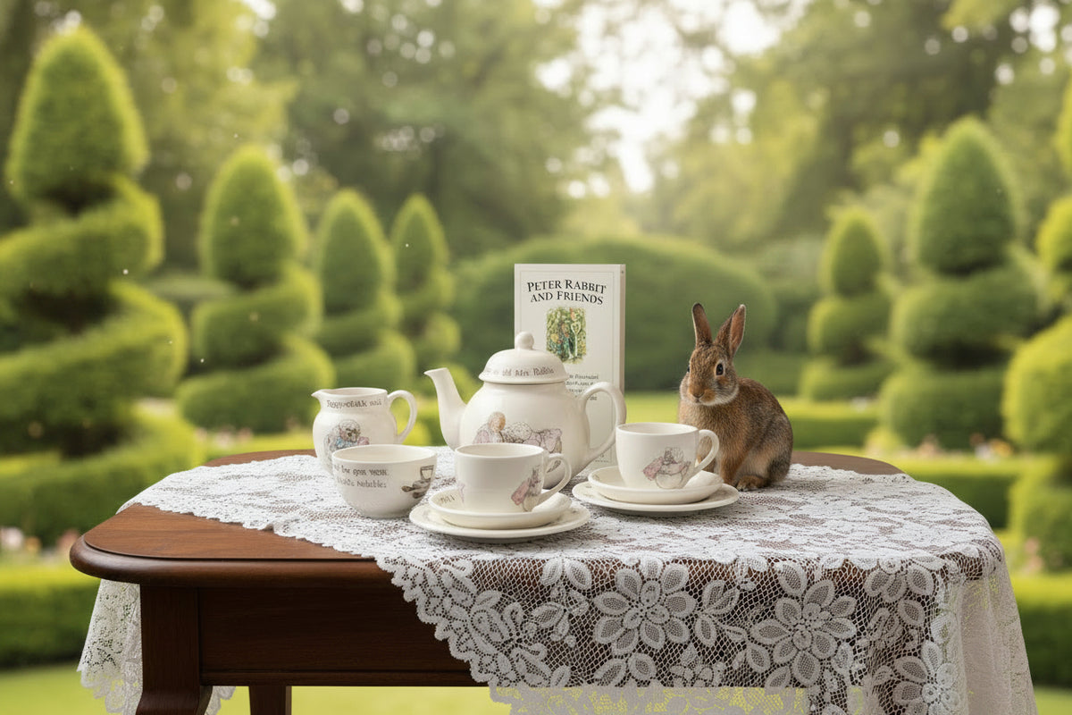 White china tea set and "Peter Rabbit and Friends" book sitting on a lacy tablecloth on a table with English Garden behind.